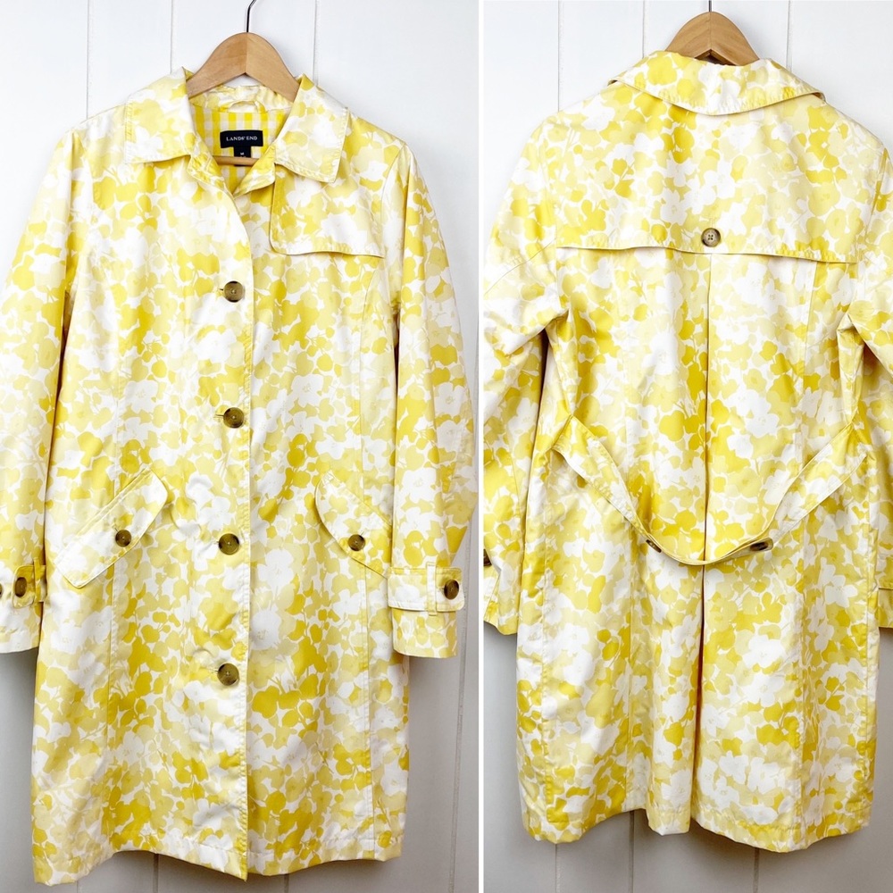 Lands' End Floral Trench Coat Rain Jacket Medium Gem